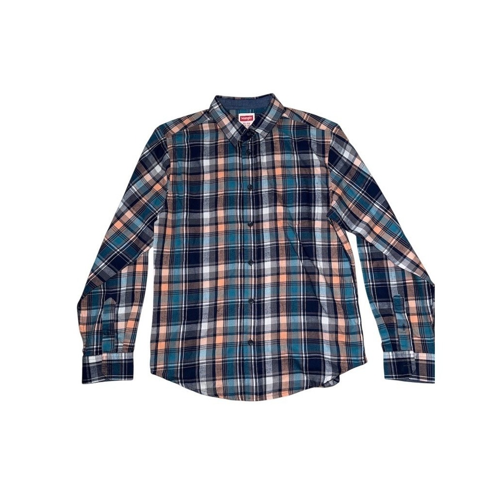 Wrangler Boys Plaid Button-Up Shirt Long‎ Sleeve Blue Teal Orange Size XL 14/16
